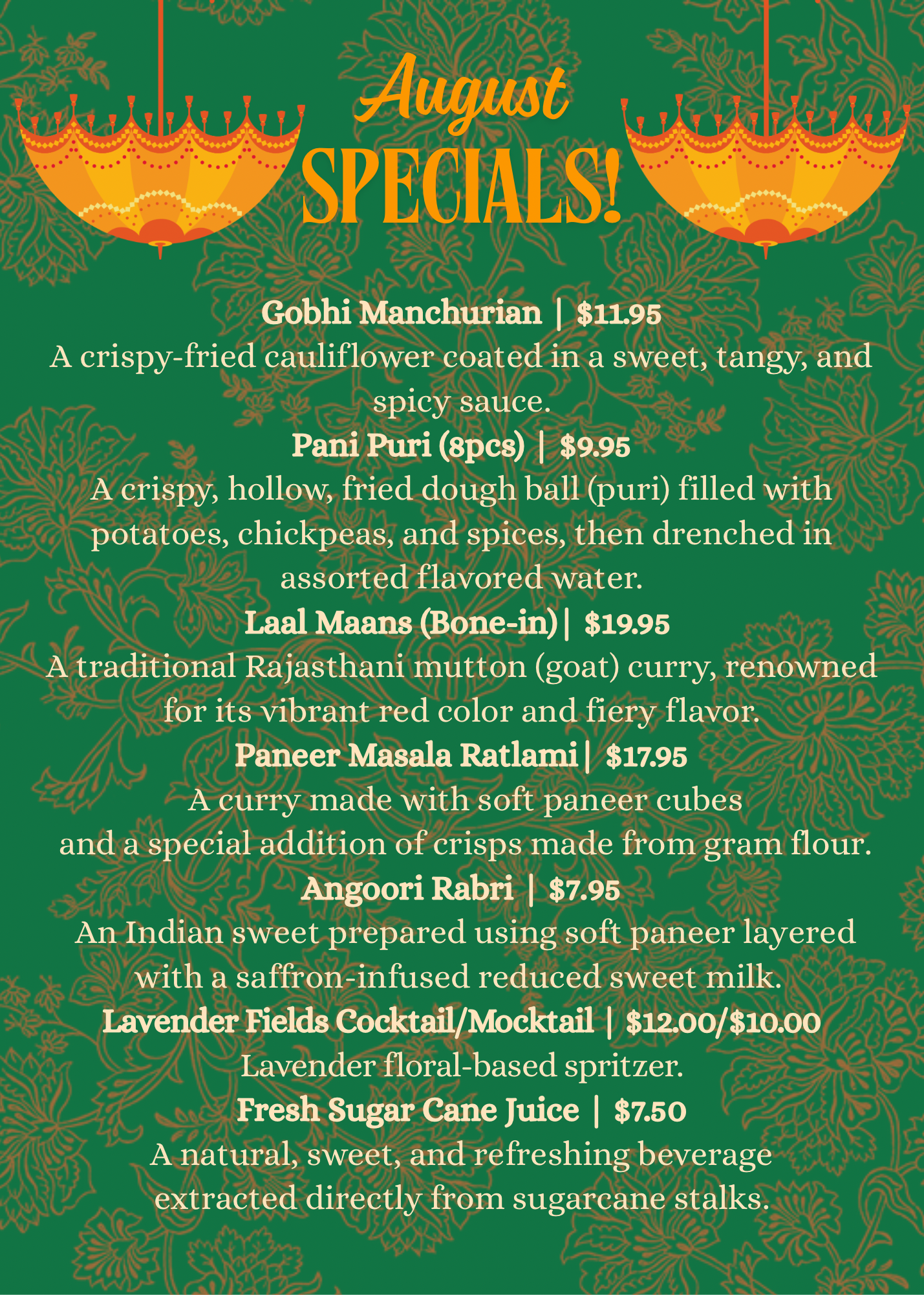 The Indian Harvest Restaurant Specials August 2025