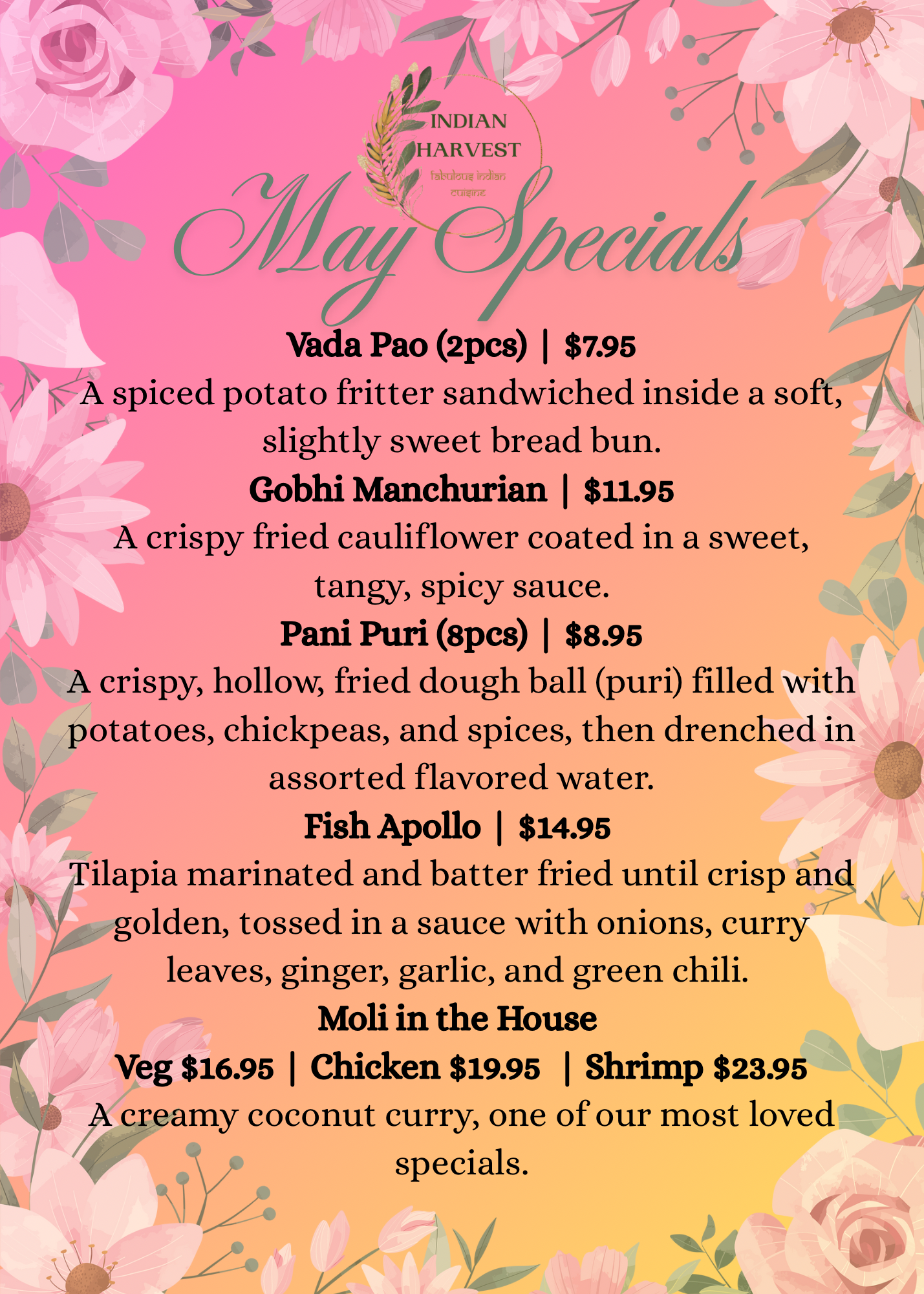 The Indian Harvest Restaurant Specials May 2025